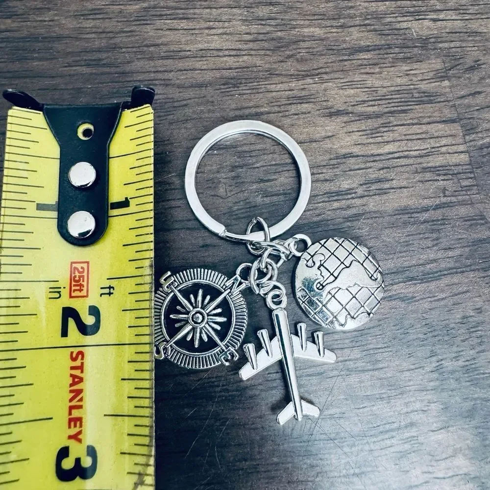 Silver Airplane World Travel Compass Keyring Keychain